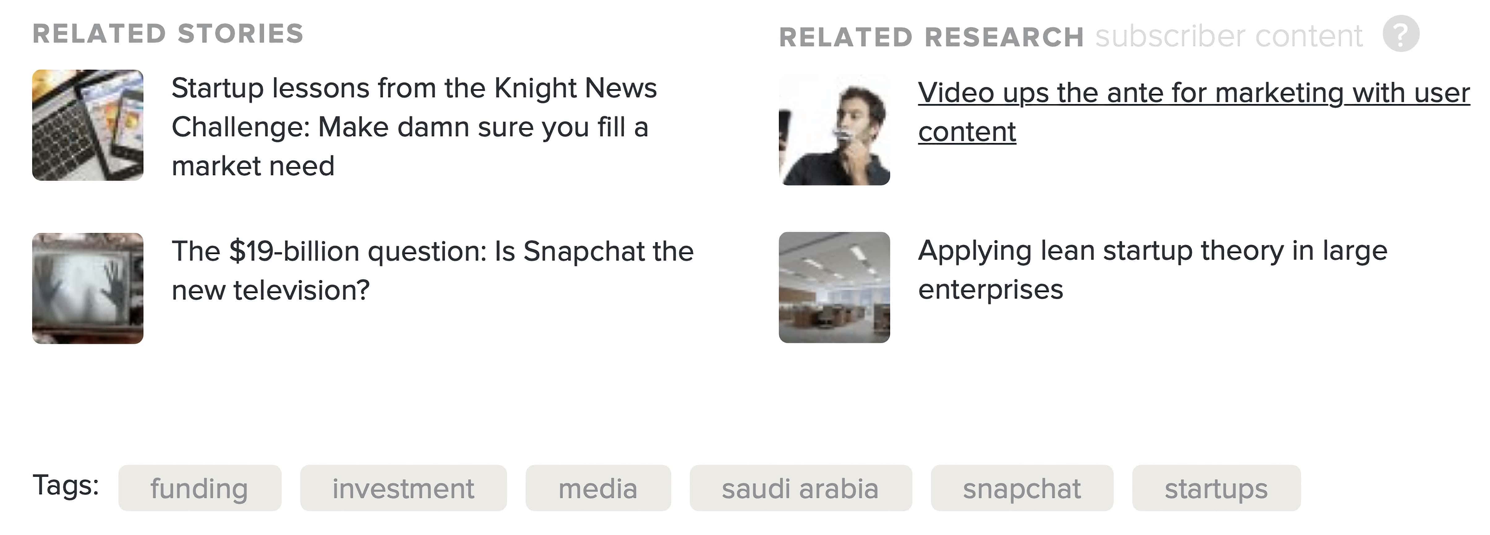 The algorithmically generated related posts drive pages per visit (increasing ad revenue), while related research content directly drives subscription revenue. We&rsquo;ve done a lot of iterating across a number of dimensions to improve how well this unit drives additional page views and subscription sales. Algorithmic quality is half the challenge, placement and other details are the other half.