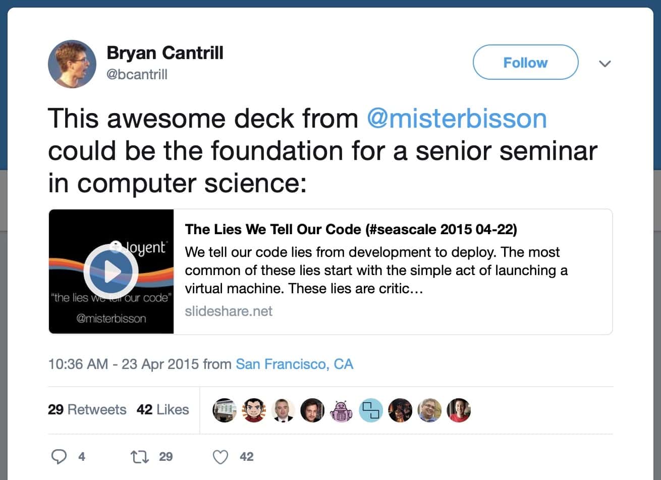 Bryan Cantrill's tweet describing the talk.